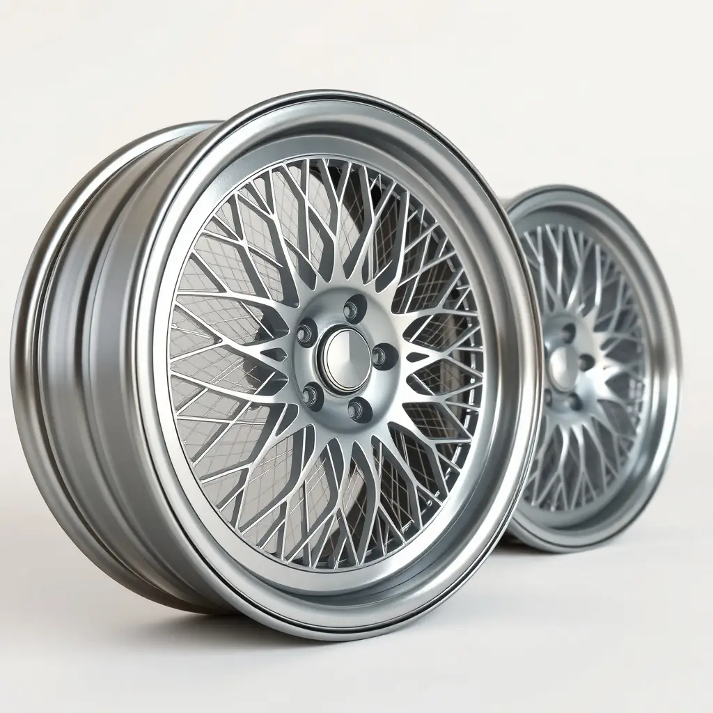 A set of silver wheels with a classic mesh design.