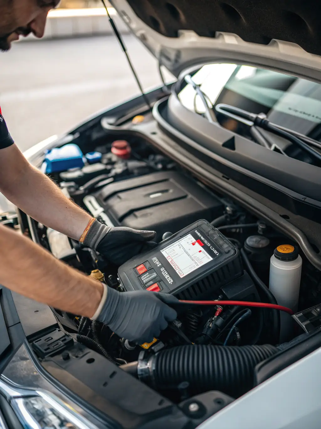 A technician using diagnostic equipment to assess a vehicle's engine performance, illustrating Tire & Wheel Hub's diagnostic capabilities.