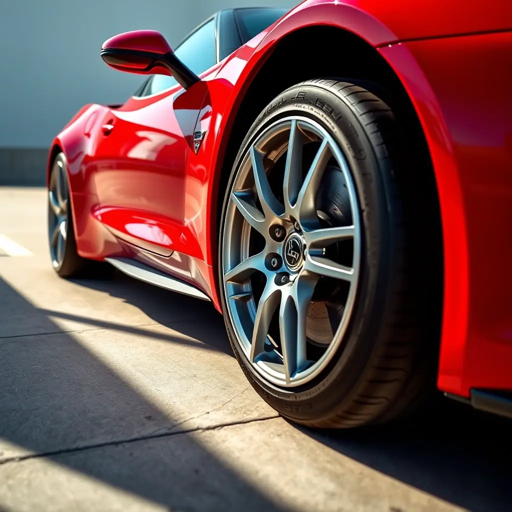 A set of gunmetal wheels with a concave design.