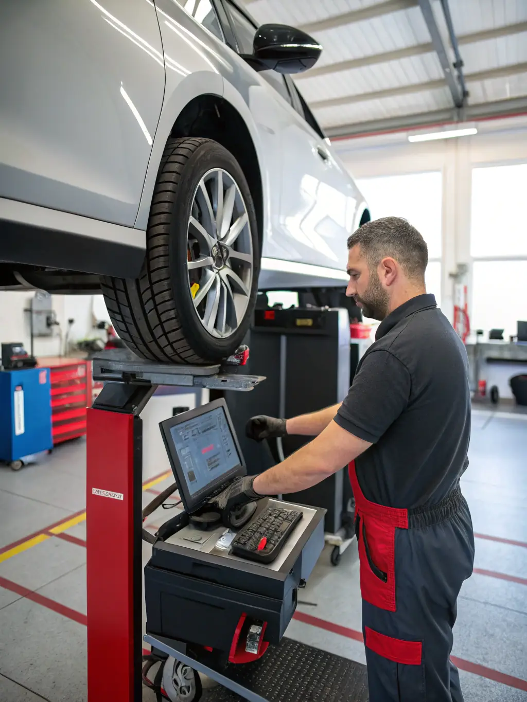 A close-up of a wheel alignment machine precisely adjusting a car's wheel, highlighting Tire & Wheel Hub's wheel alignment service.