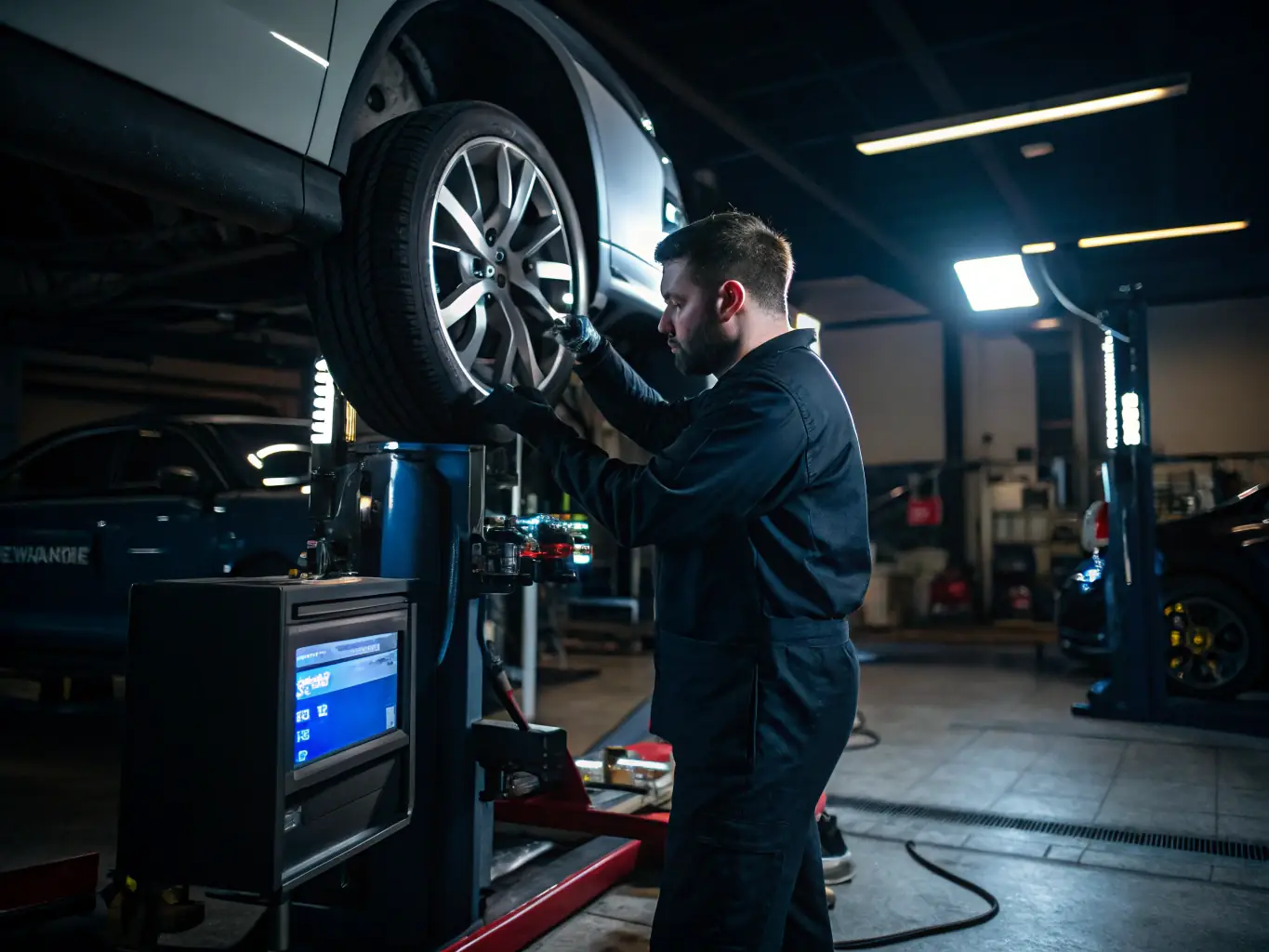 A technician performing wheel alignment using advanced computerized equipment on a vehicle, showcasing the advanced technology used at Tire & Wheel Hub Inc.