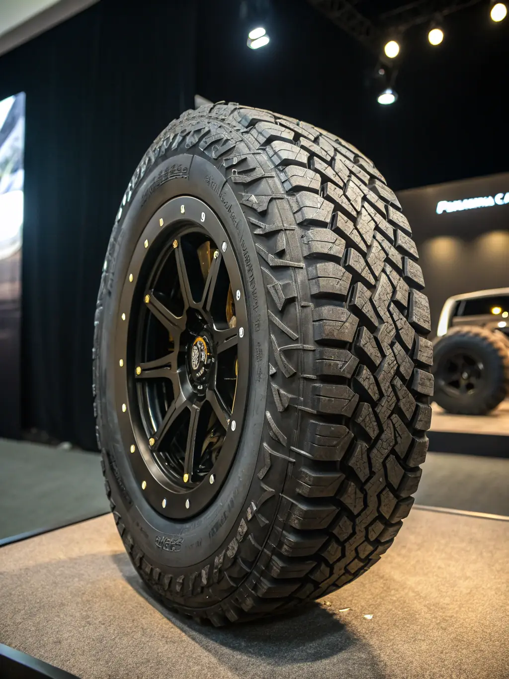A rugged off-road tire with aggressive tread, mounted on a black steel wheel, pictured in a natural outdoor setting with dirt and rocks.