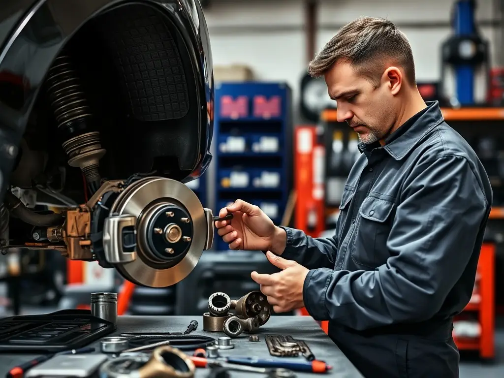 A mechanic inspecting brake components and suspension parts on a vehicle in our service bay, emphasizing the comprehensive brake and suspension services available at Tire & Wheel Hub Inc.