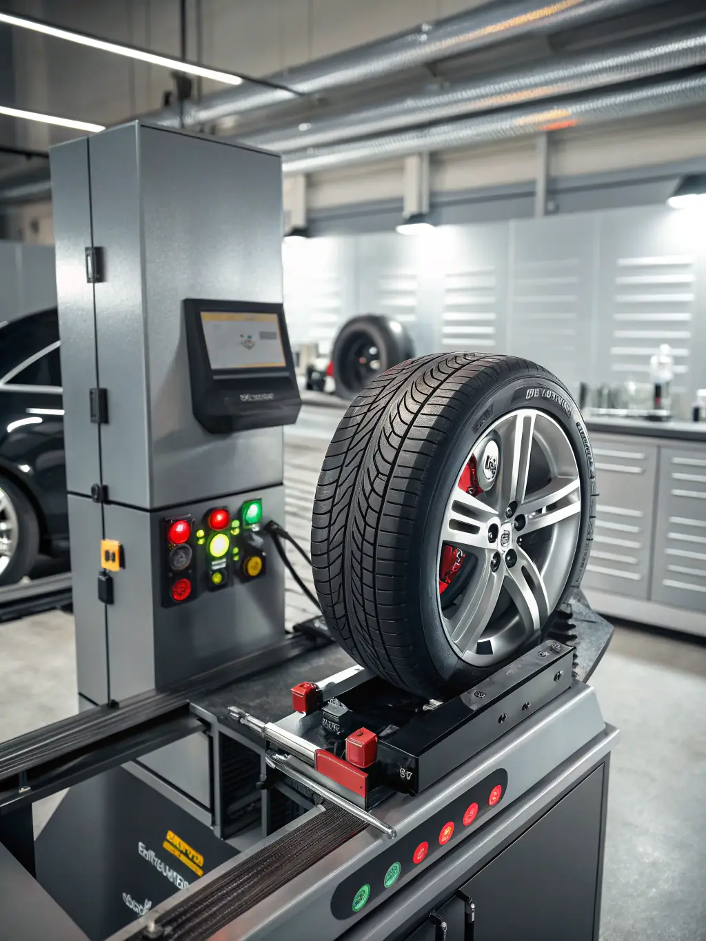 A set of chrome wheels with a multi-spoke design, reflecting light and showcasing their intricate details, displayed in a showroom environment.