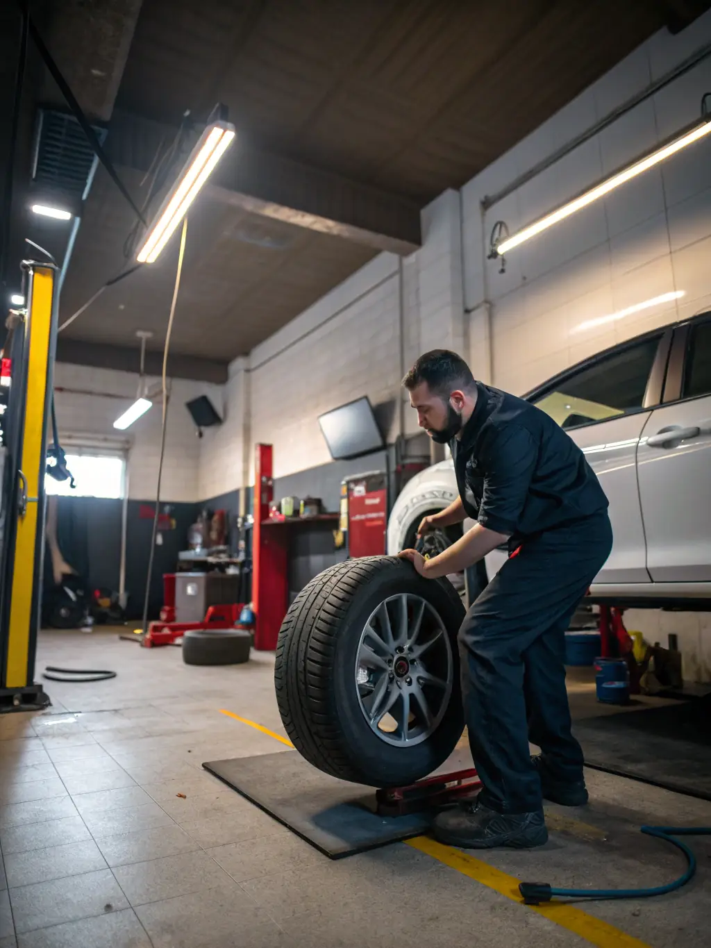 A mechanic expertly installs a new tire on a car in a well-equipped garage, showcasing Tire & Wheel Hub's tire installation service.