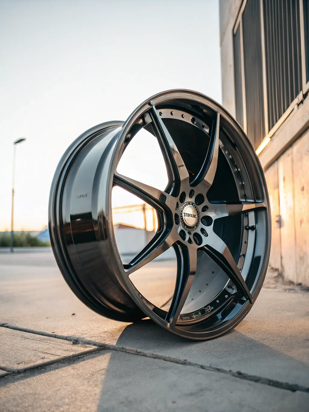 A sleek, five-spoke alloy wheel with a polished silver finish, displayed against a dark background to emphasize its design and shine.
