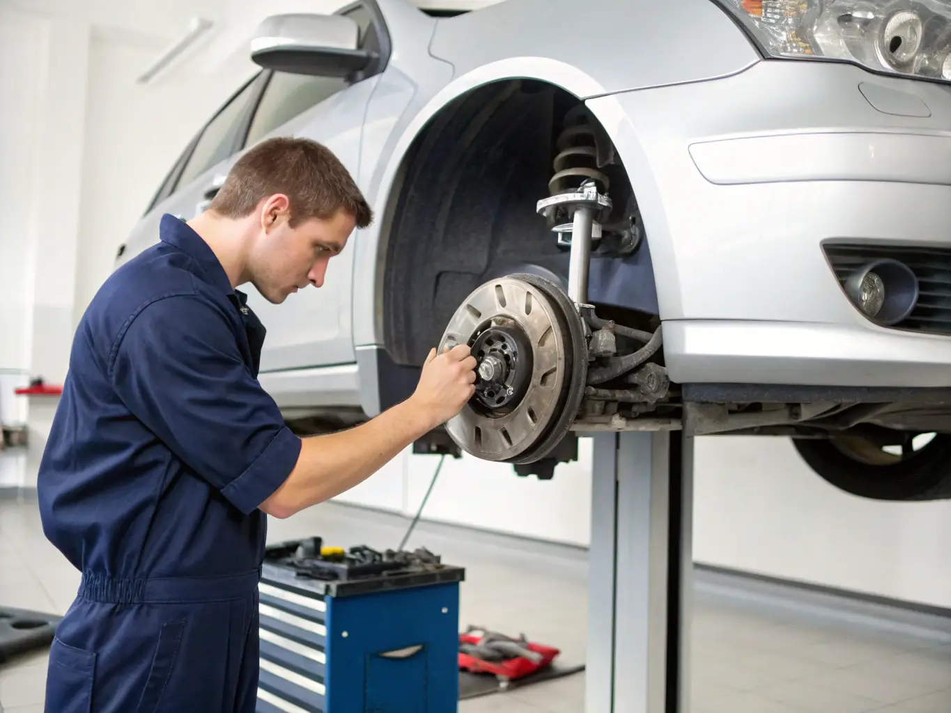 A mechanic inspecting brake components and suspension parts on a vehicle in our service bay.