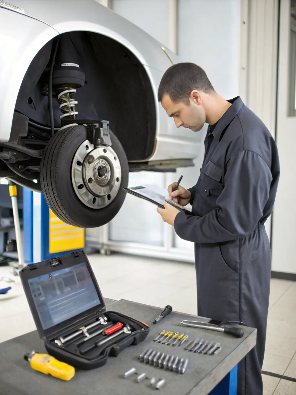 A mechanic inspecting a car's brake system, with a focus on the brake pads and rotors, representing Tire & Wheel Hub's brake service.