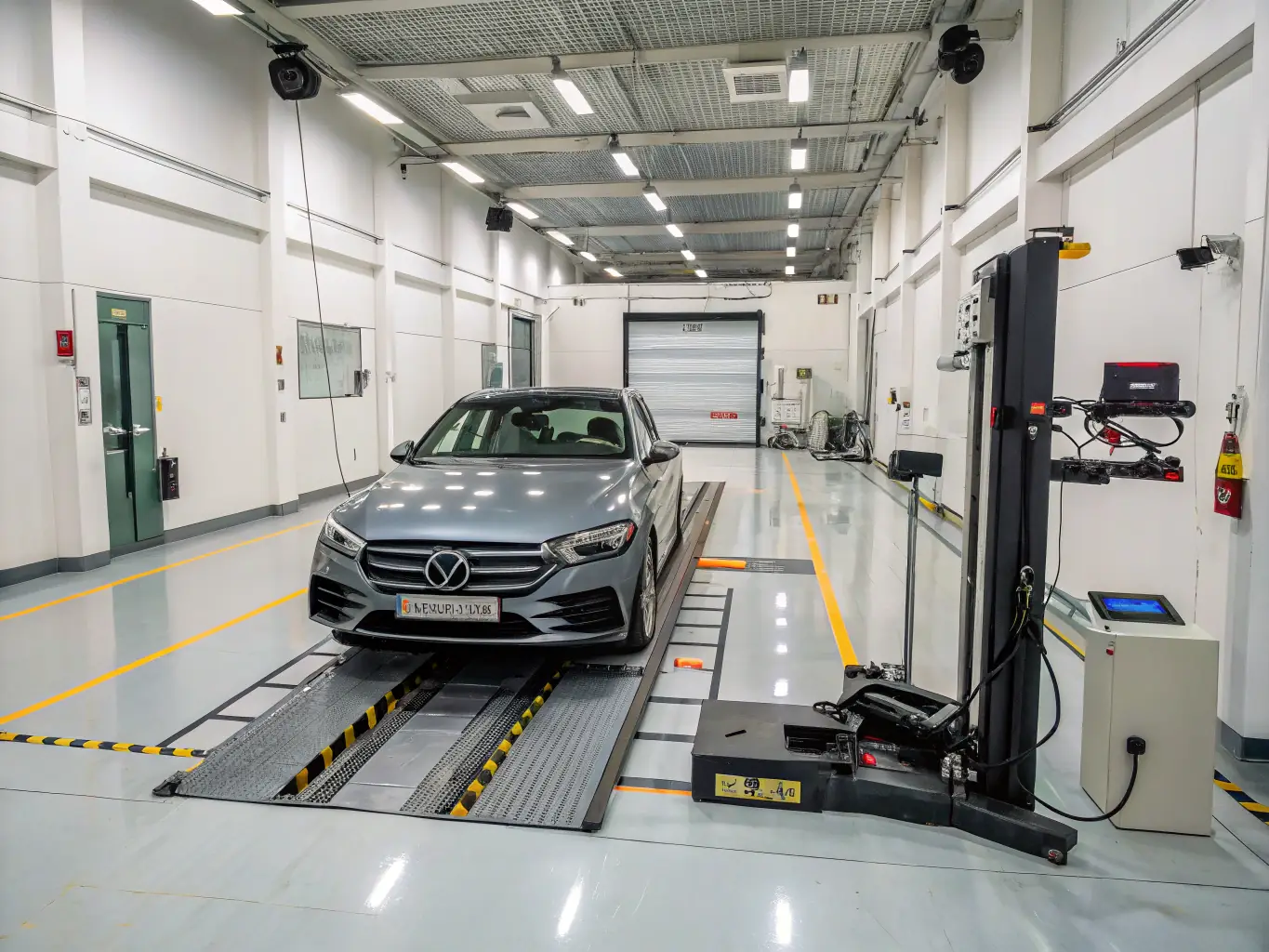 A technician performing wheel alignment using advanced computerized equipment on a vehicle.