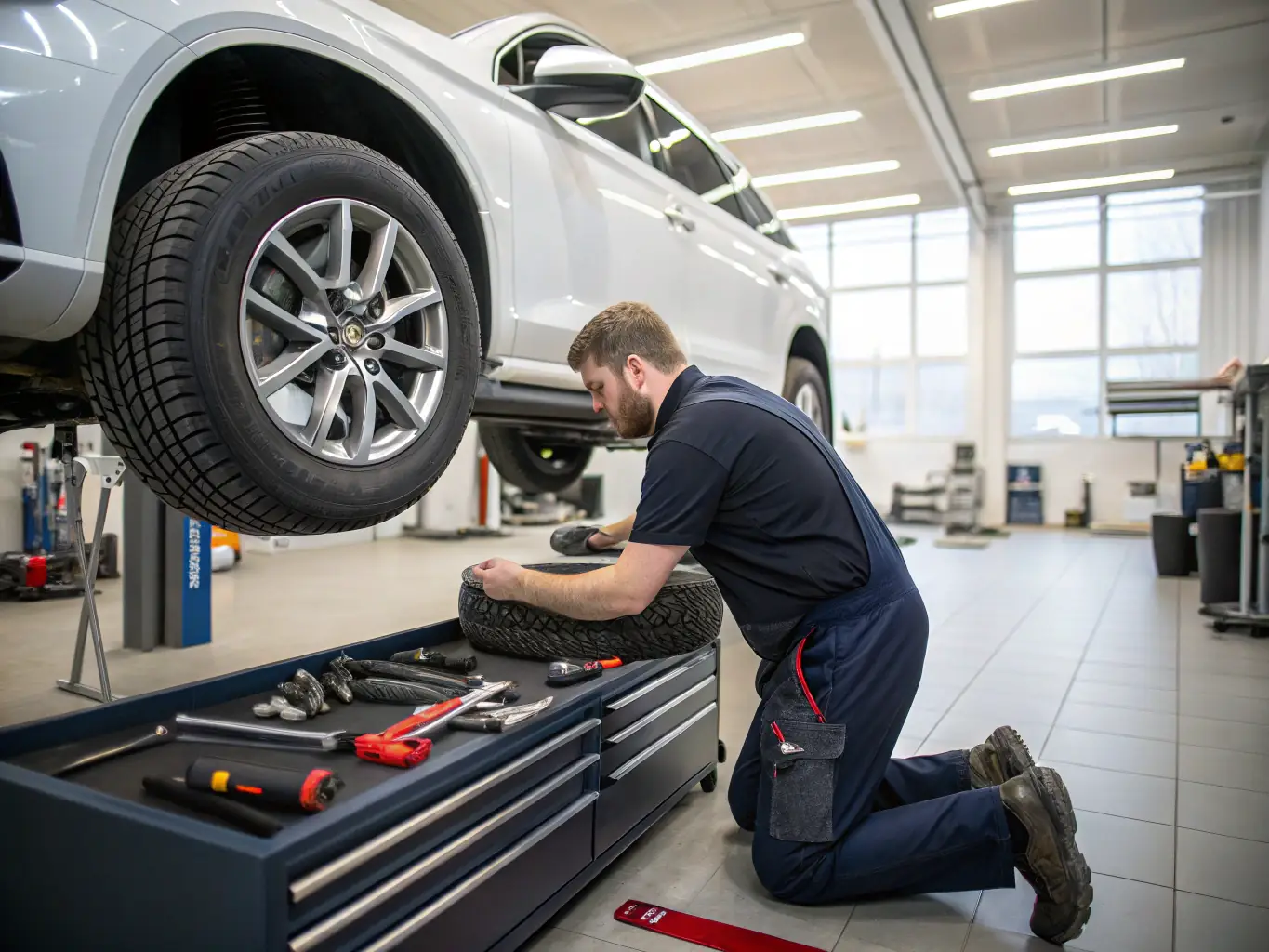 A technician installing new tires on a vehicle in our service bay, with a focus on precision and safety.