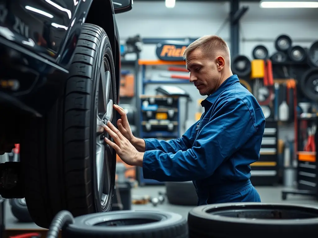 A technician installing new tires on a vehicle in our service bay, with a focus on precision and safety, highlighting the expert installation services offered by Tire & Wheel Hub Inc.
